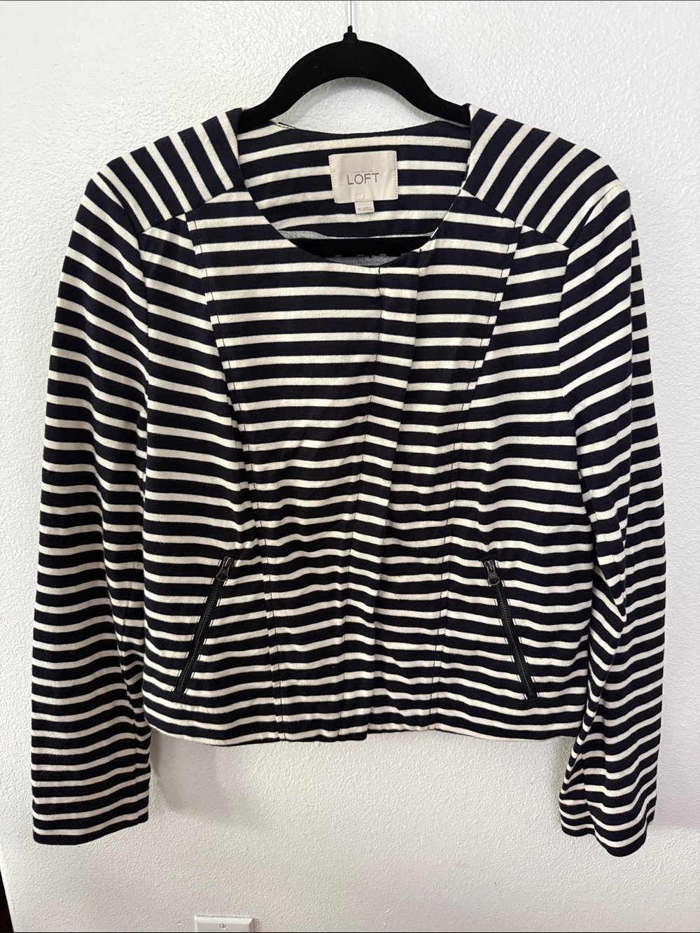 LOFT Navy and White Striped Knit Jacket